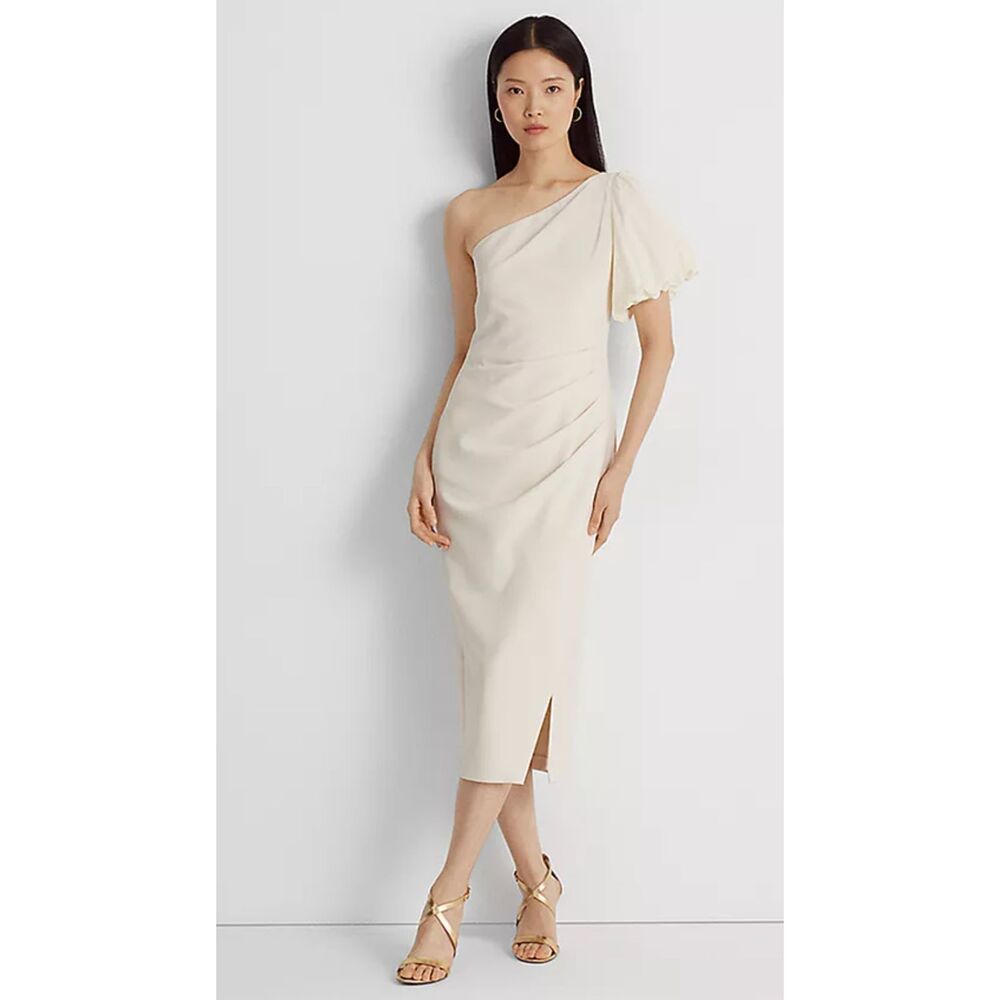 Lauren Ralph Lauren Cream White One-Shoulder Elegant Crepe Cocktail Dress 12